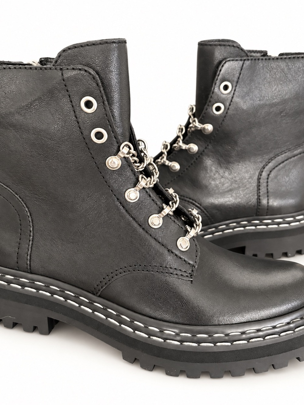 Vince Camuto Popinta Black Leather Chain Lace Combat Boots 6.5M NIB